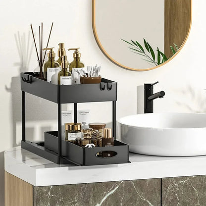 2-Tier Under Sink Organizer – Sliding Cabinet Basket with Hooks for Kitchen & Bathroom