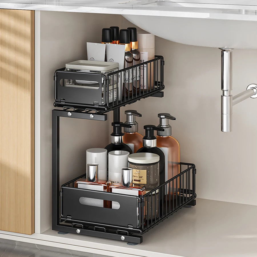 2-Tier Pull-Out Under Sink Organizer – Adjustable Sliding Shelf for Kitchen & Bathroom Cabinet