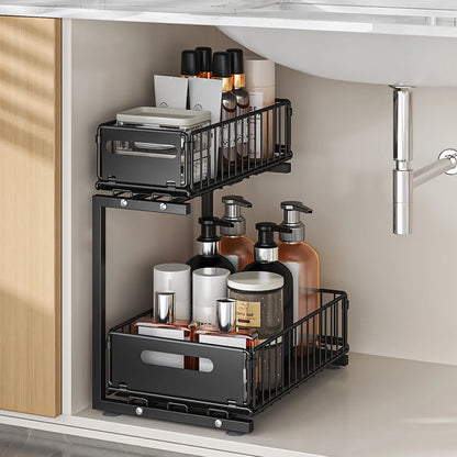 2-Tier Pull-Out Under Sink Organizer – Adjustable Sliding Shelf for Kitchen & Bathroom Cabinet