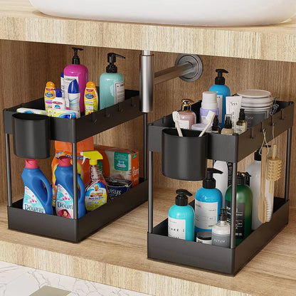 2-Tier Under Sink Organizer – Sliding Cabinet Basket with Hooks for Kitchen & Bathroom