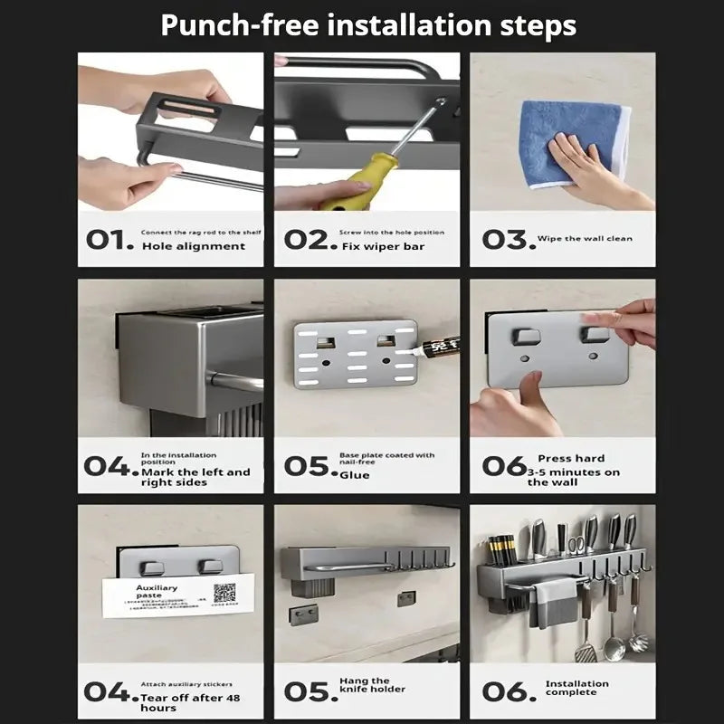 Wall-Mounted Kitchen Organizer – No-Drill Carbon Steel Knife & Utensil Rack, Space Saving