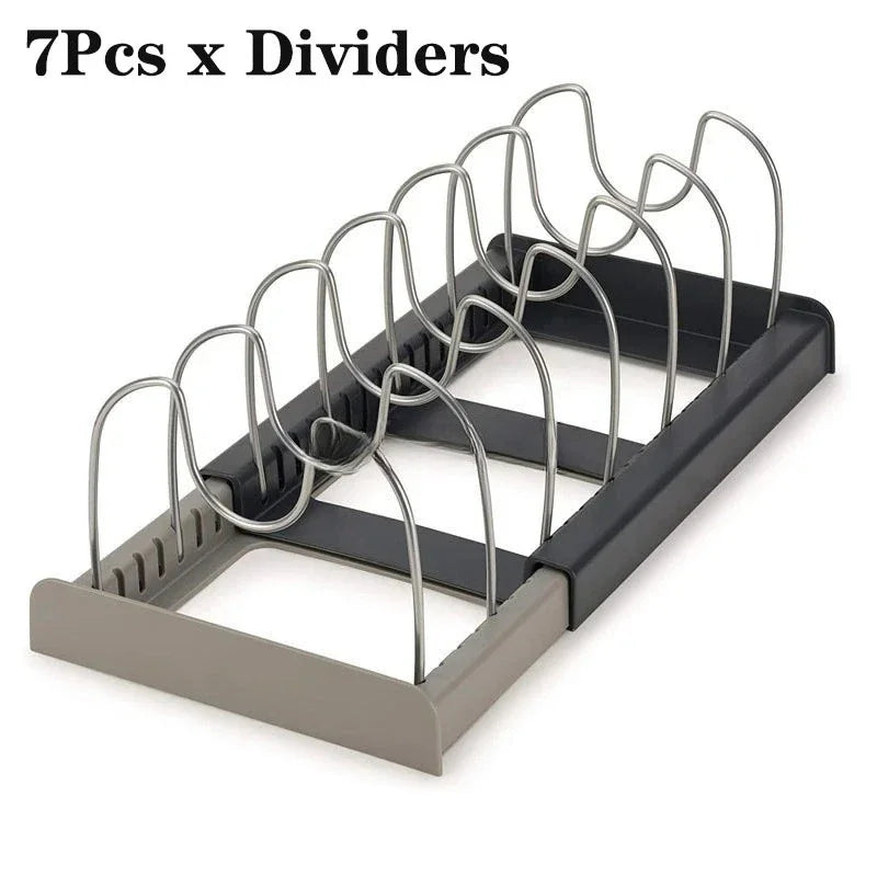 Telescopic Pot & Pan Organizer Rack – 7-Grid Adjustable Cabinet Holder for Pots, Pans & Lids