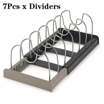 Telescopic Pot & Pan Organizer Rack – 7-Grid Adjustable Cabinet Holder for Pots, Pans & Lids