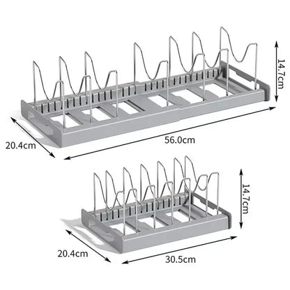 Expandable Pan & Pot Organizer Rack – 7 Adjustable Compartments for Lids, Dishes & Utensils