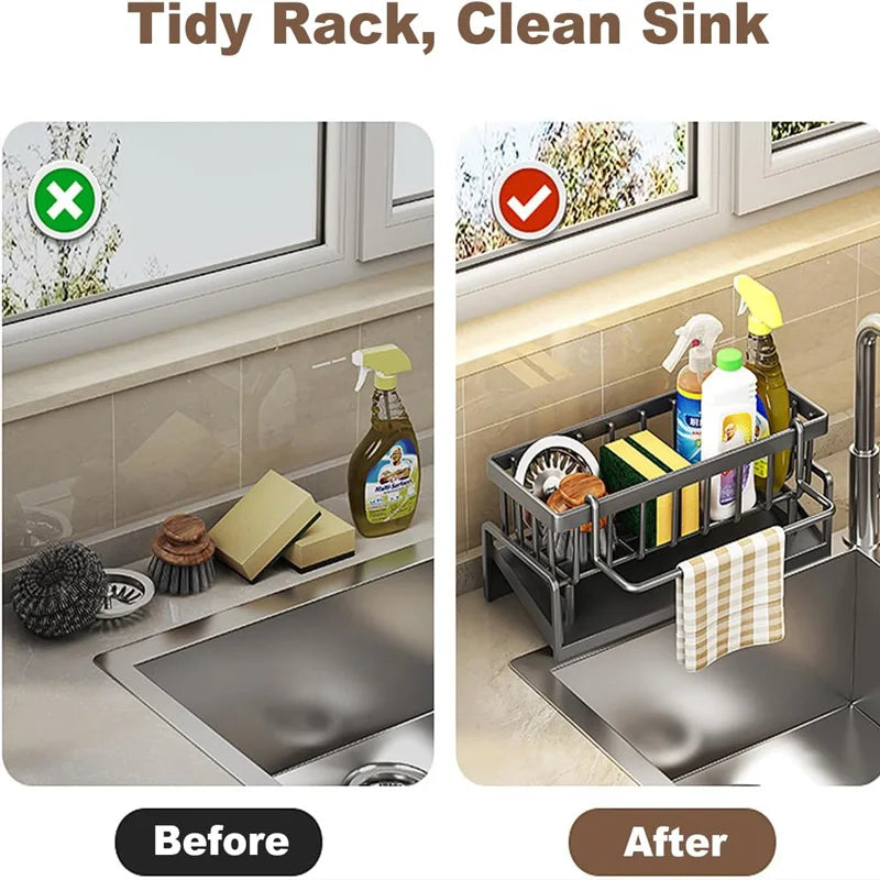 Kitchen Sink Organizer – Carbon Steel Sponge & Brush Holder with Drip Tray