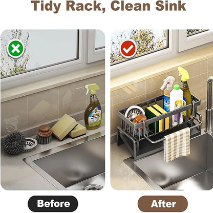 Kitchen Sink Organizer – Carbon Steel Sponge & Brush Holder with Drip Tray