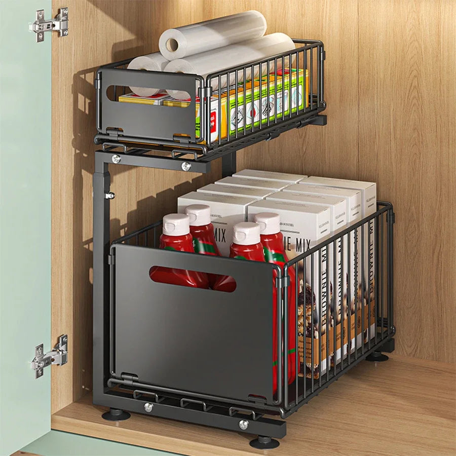 2-Tier Pull-Out Under Sink Organizer – Adjustable Sliding Shelf for Kitchen & Bathroom Cabinet