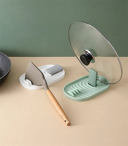 Countertop Pot Lid & Pan Organizer Rack – No-Drill Drying Stand with Spoon Rest
