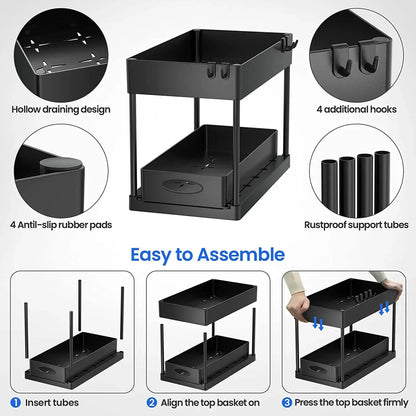 2-Tier Under Sink Organizer – Sliding Basket with Hooks for Kitchen & Bathroom