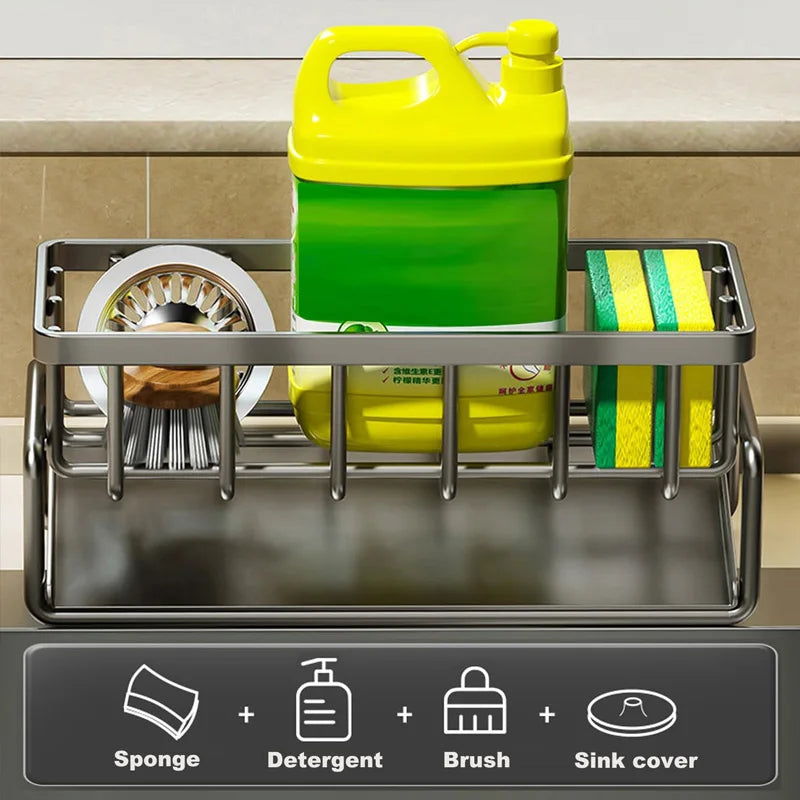 Kitchen Sink Organizer – Carbon Steel Sponge & Brush Holder with Drip Tray