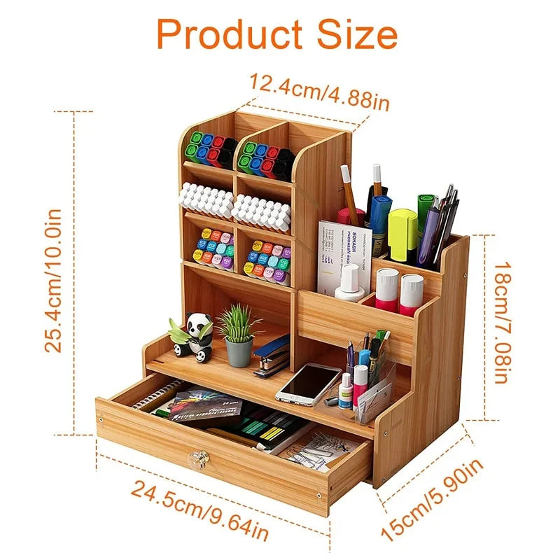 Wooden Desk Organizer – DIY Pen Holder & Stationery Storage Box with Drawer for Home Office