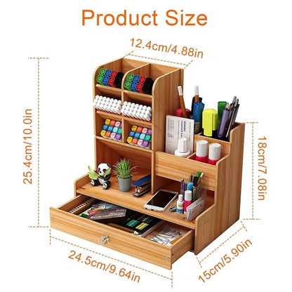 Wooden Desk Organizer – DIY Pen Holder & Stationery Storage Box with Drawer for Home Office