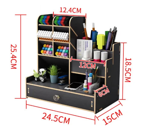 Wooden Desk Organizer – DIY Pen Holder & Stationery Storage Box with Drawer for Home Office