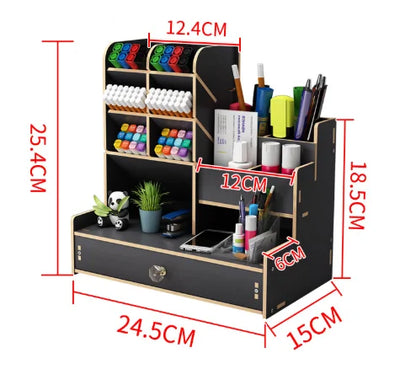 Wooden Desk Organizer – DIY Pen Holder & Stationery Storage Box with Drawer for Home Office