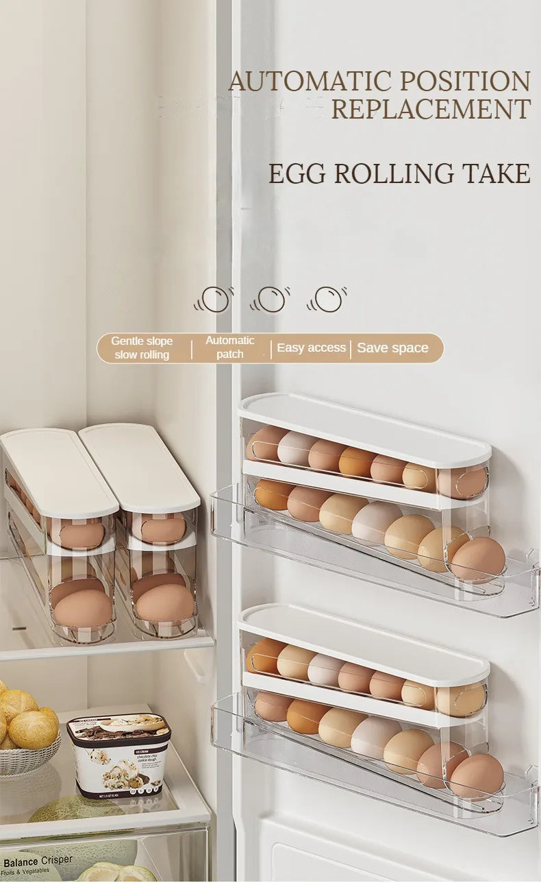 Automatic Rolling Egg Dispenser – 2-Tier Fridge Egg Holder Rack & Organizer