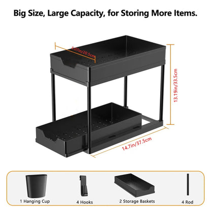 2-Tier Under Sink Organizer – Sliding Basket with Hooks for Kitchen & Bathroom