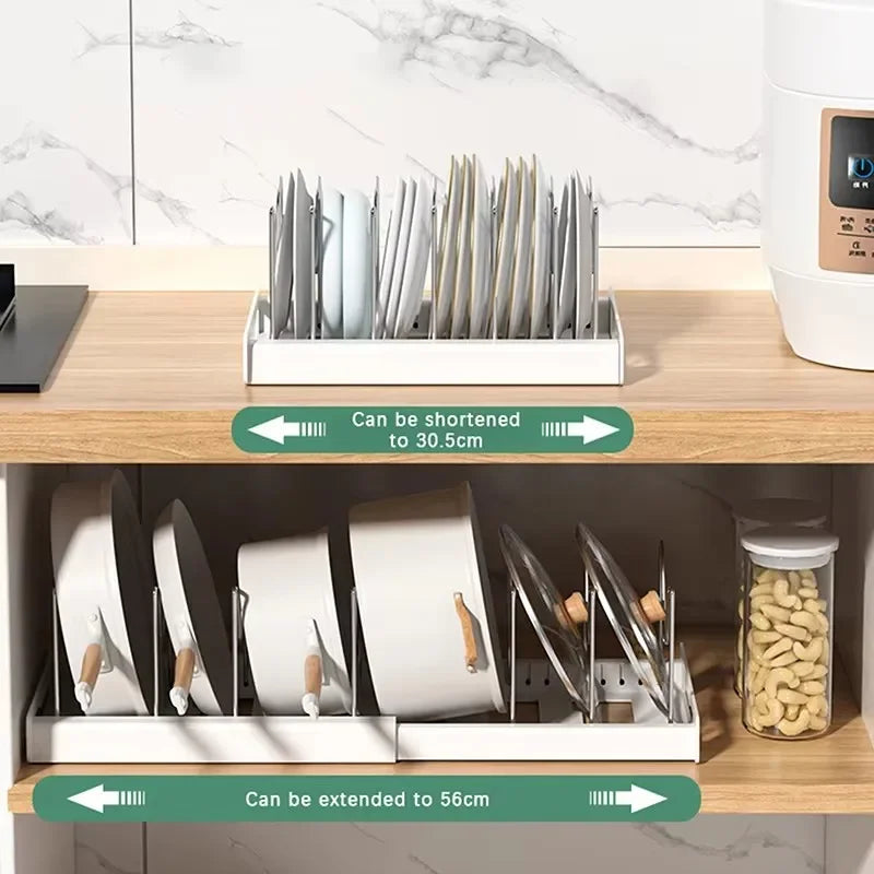 Expandable Pan & Pot Organizer Rack – 7 Adjustable Compartments for Lids, Dishes & Utensils