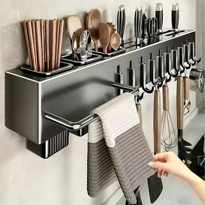 Wall-Mounted Kitchen Organizer – No-Drill Carbon Steel Knife & Utensil Rack, Space Saving