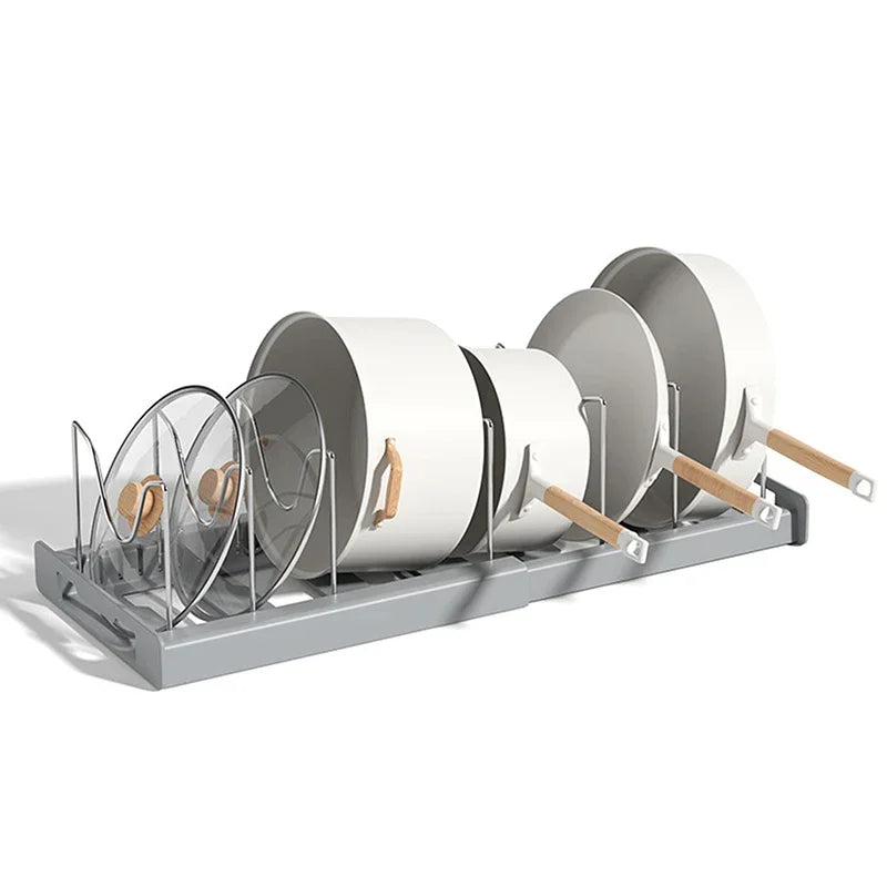 Expandable Pan & Pot Organizer Rack – 7 Adjustable Compartments for Lids, Dishes & Utensils