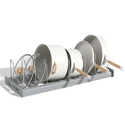Expandable Pan & Pot Organizer Rack – 7 Adjustable Compartments for Lids, Dishes & Utensils